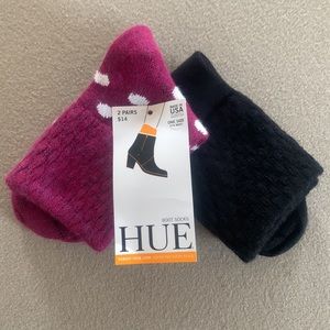 NEW 2 Pair HUE Boot Crew Socks Black Cranberry Pink Polka Dot Quilted Cozy Soft